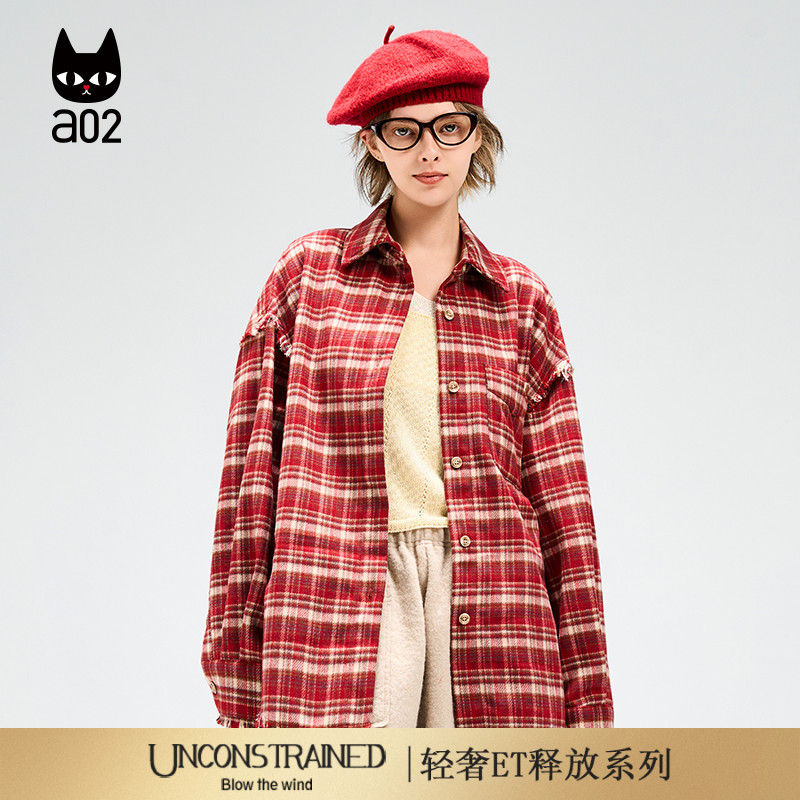 a02【ET释放系列】新年红宽松衬衫女2025新款冬季格子衬衣外套