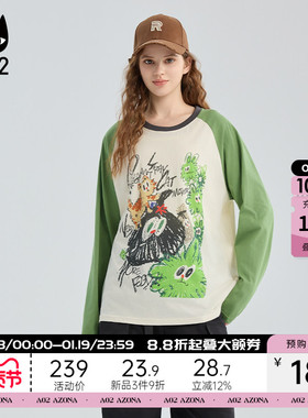 a02黑猫系列宽松圆领插肩袖长袖T恤女2025新款秋季纯棉打底衫上衣