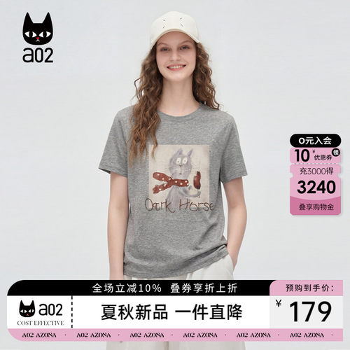 a02休闲正肩卡通猫咪短袖圆领t恤女夏季新款休闲棉莱赛尔t恤