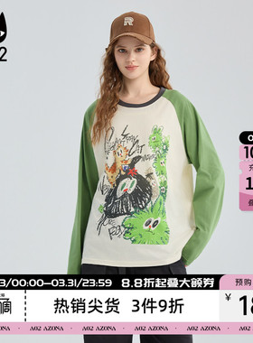 a02黑猫系列宽松圆领插肩袖长袖T恤女2026新款春秋纯棉打底衫上衣