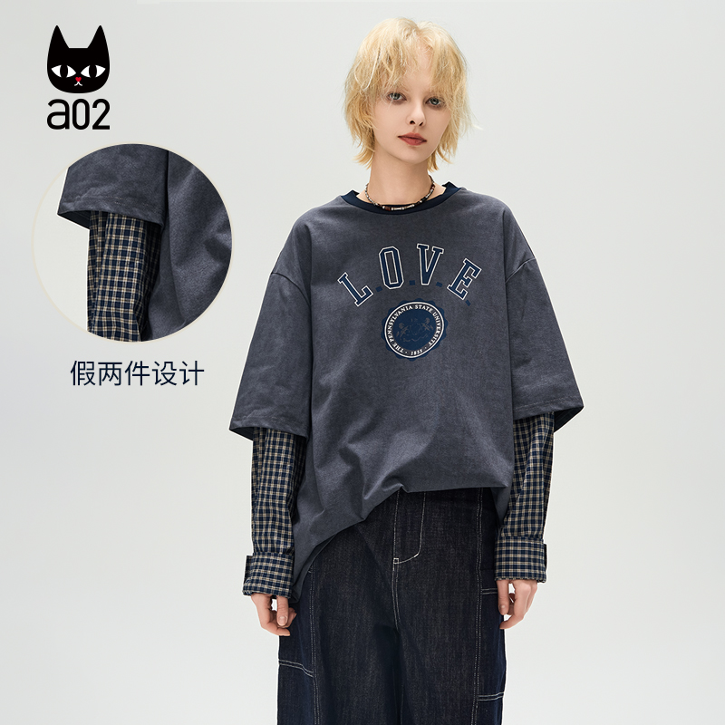 a02【ET自然系列】假两件潮酷拼接格子袖子长袖T恤女2025春季新款