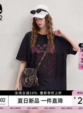 a02个性设计感字母拼接蕾丝短袖T恤女2026夏季新款宽松黑色上衣潮