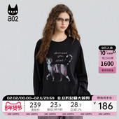 春秋黑色早秋上衣打底衫 a02黑猫系列宽松圆领长袖 T恤女2025新款