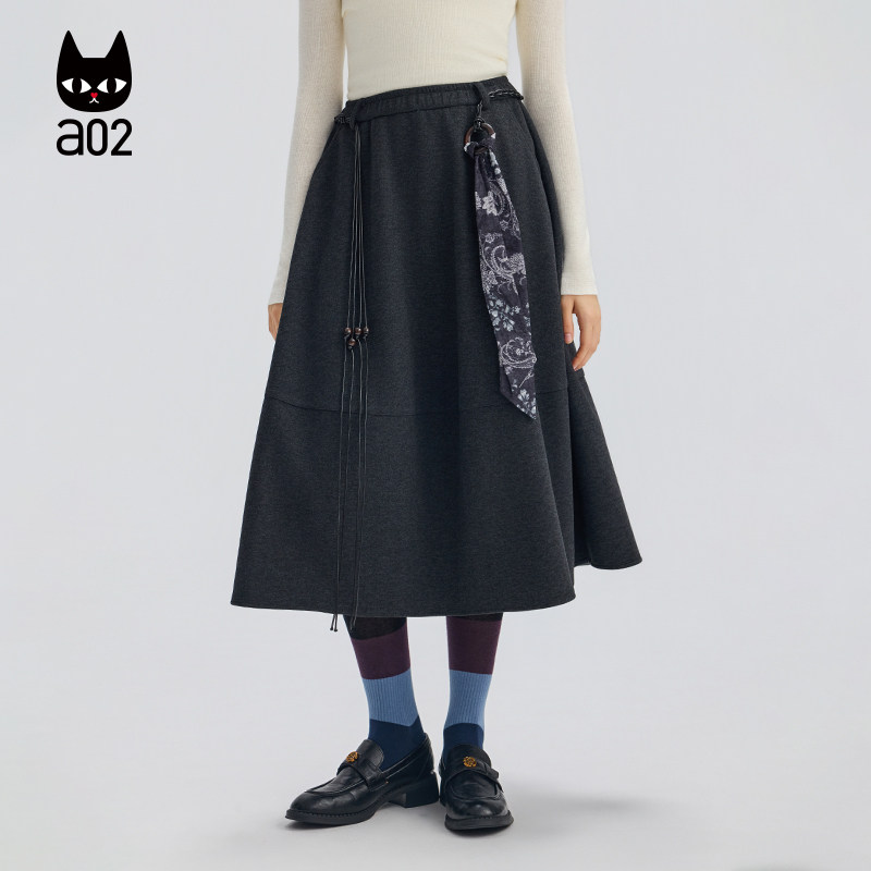 a02宽松高腰保暖毛呢半身裙女2025新款冬季加厚a字伞裙百搭裙子