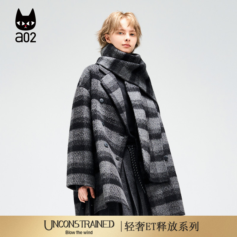 a02【ET释放系列】绵羊毛格子大衣女2025新款冬季双面毛呢外套