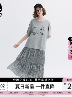 a02猫咪刺绣拼接黑白格雪纺假两件圆领短袖连衣裙女夏2026t恤裙