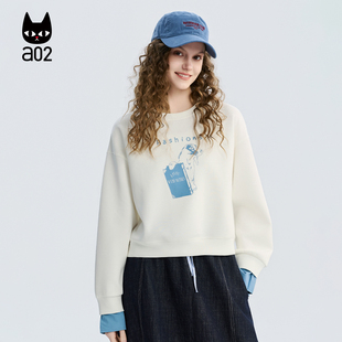 a02宽松无帽白色卫衣女款2026新款春秋袖口撞色设计感慵懒风上衣