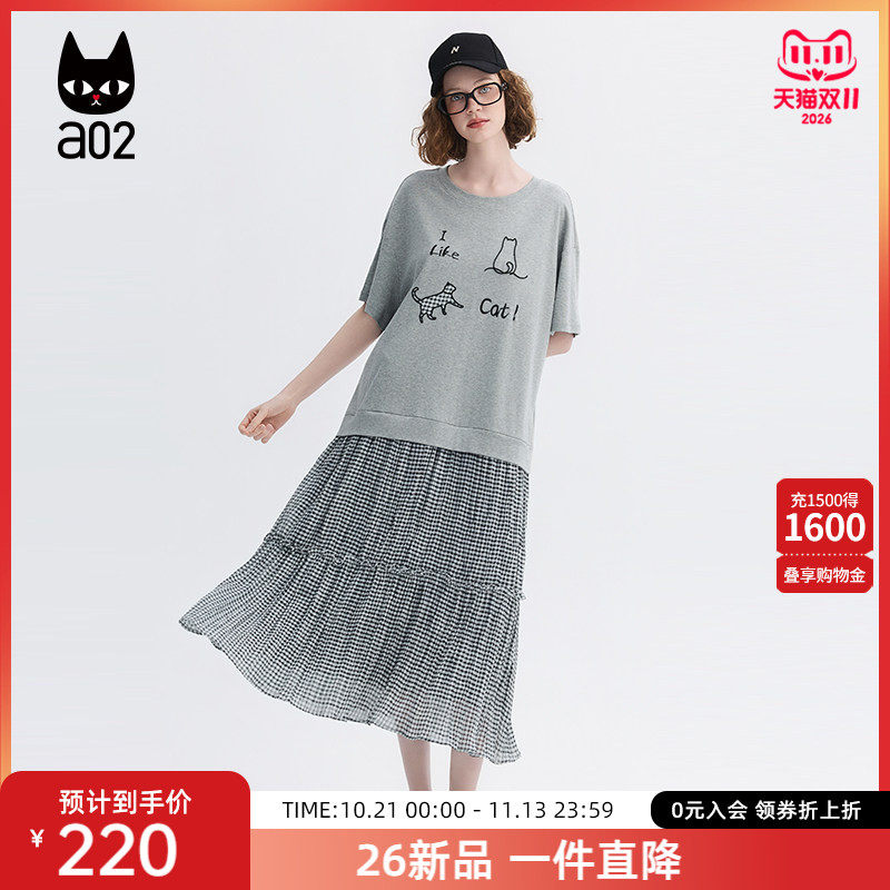 a02猫咪刺绣拼接黑白格雪纺假两件圆领短袖连衣裙女夏2026t恤裙