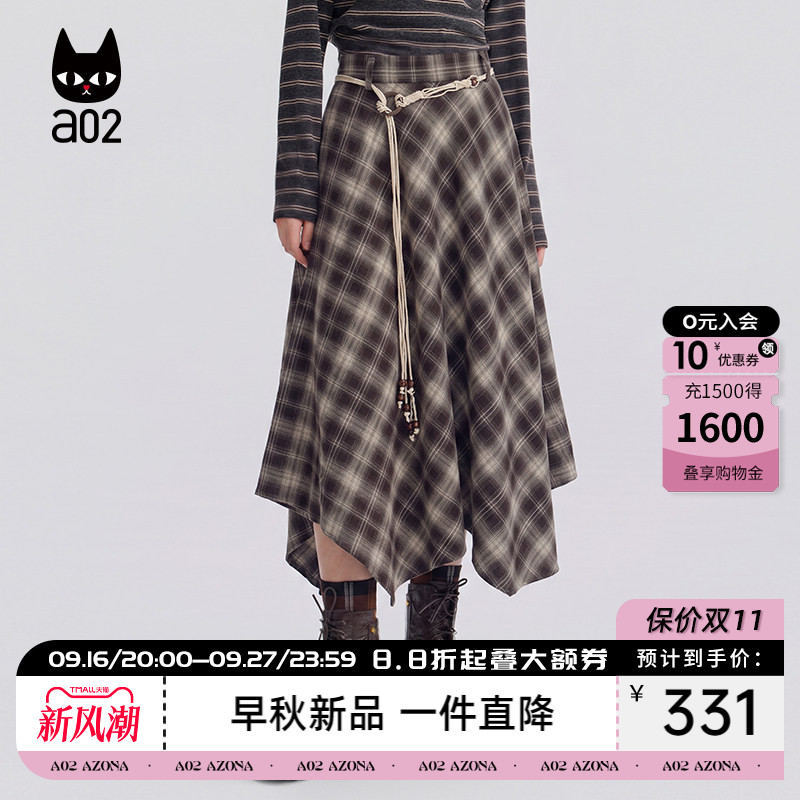 a02学院风宽松半身裙女款2026新款秋季格纹裙子不规则设计感秋装图片