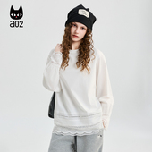 a02宽松甜美风蕾丝拼接圆领长袖 白色内搭打底衫 T恤女2026新款 春季