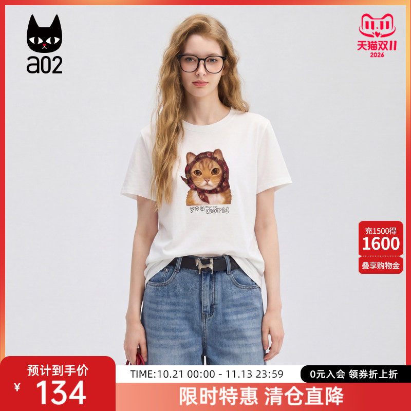 a02重工设计感可爱猫咪印花圆领短袖T恤女2026纯色宽松简约上衣