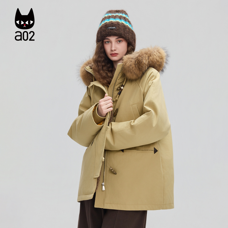 a02宽松新年红毛毛连帽羽绒服女2025新款冬季白鸭绒外套冬装