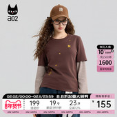 春秋圆领上衣打底衫 a02黑猫系列宽松假两件条纹长袖 T恤女2025新款