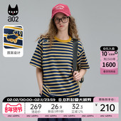 a02甜酷条纹短袖 猫咪印花设计感上衣宽松半袖 T恤女2025新款 夏季