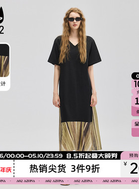 a02黑色连衣裙夏女2026新款宽松气质设计感拼接女V领显瘦法式长裙