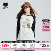 a02黑猫系列宽松圆领长袖 通勤上衣 打底衫 T恤女2025新款 春秋插肩袖