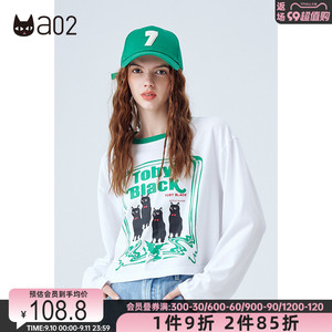 a02长袖T恤女秋新款原创潮牌甜酷撞色猫咪印花短T恤百搭上衣