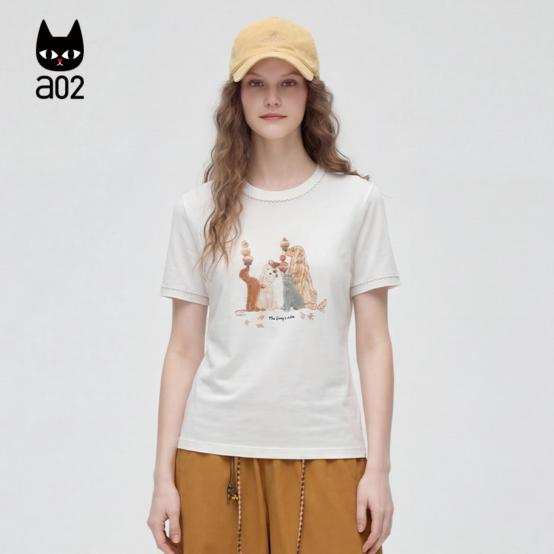 a02可爱插画设计短袖圆领t恤女2026夏季新款多色宽松纯色印花上衣