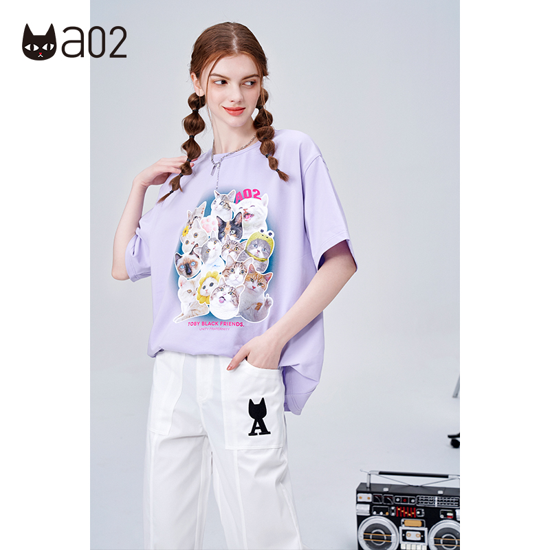 a02设计感卡通猫咪印花短袖T恤