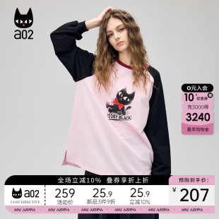 新款 T恤2025秋季 甜美风猫咪宽松打底内搭上衣 长袖 a02圆领插肩袖
