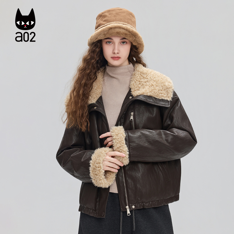 a02宽松翻领皮革羽绒服女2025新款冬季白鸭绒外套加厚保暖冬装