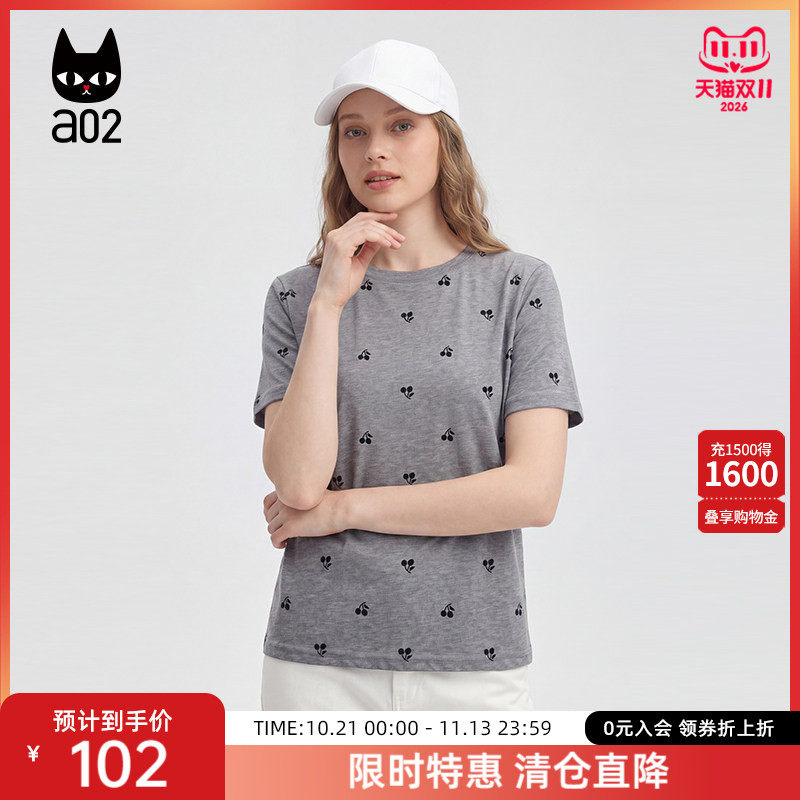 a02樱桃植绒印花短袖圆领T恤女复古深灰波点2026夏季新款休闲宽松