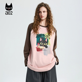 宽松圆领长袖 T恤女2026新款 春季 a02黑猫系列插肩袖 撞色简约打底衫