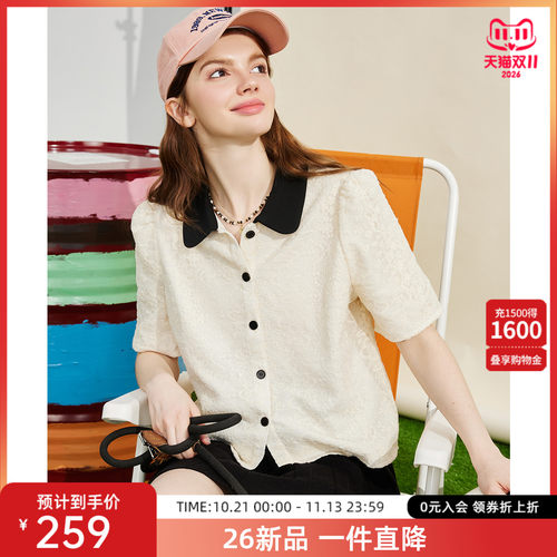 a02a02蕾丝拼接小香风正肩小衫夏季撞色翻领气质女式衬衫