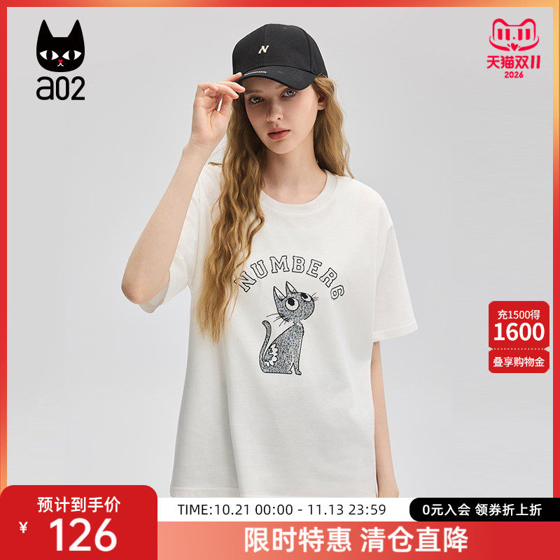 a02猫猫宽松圆领短袖女T恤2026新款薄款白色上衣通勤穿搭半袖
