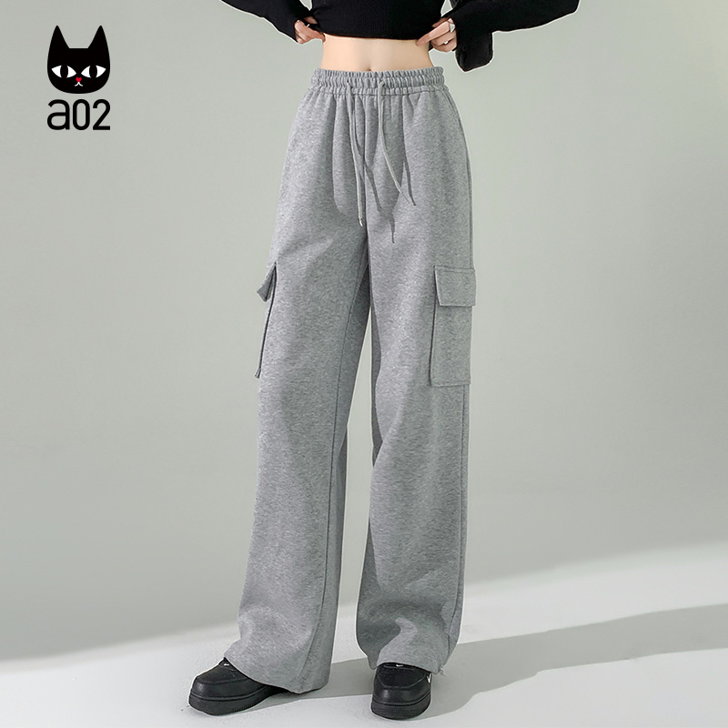 a02大口袋工装宽松卫裤灰色裤子女2025新款秋季休闲长裤通勤穿搭