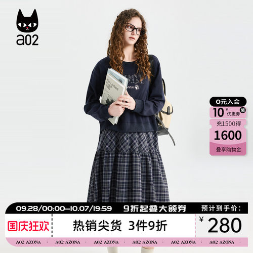 a02黑猫系列宽松圆领假两件连衣裙女2026新款春季卫衣格纹裙子