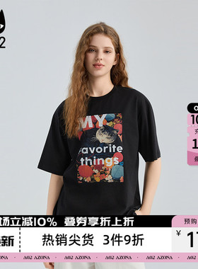 a02黑猫系列宽松圆领短袖T恤女2026新款春秋纯棉黑色上衣通勤穿搭
