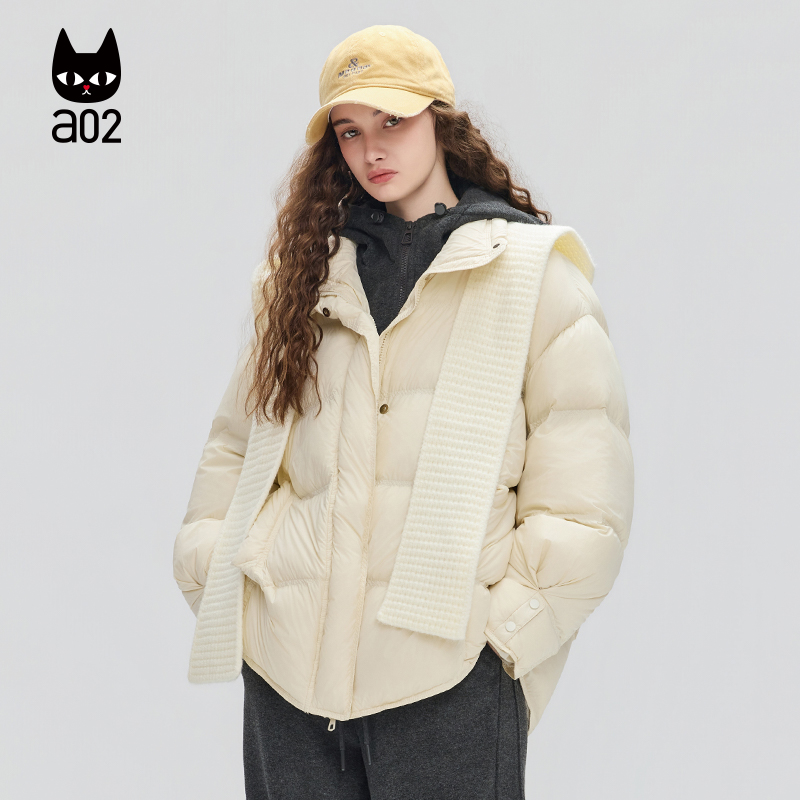 a02宽松立领加厚保暖羽绒服女2025新款冬季白鸭绒外套送针织帽