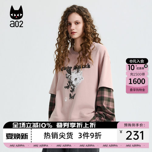 a02黑猫系列假两件宽松圆领卫衣女2026新款春季格纹长袖休闲上衣