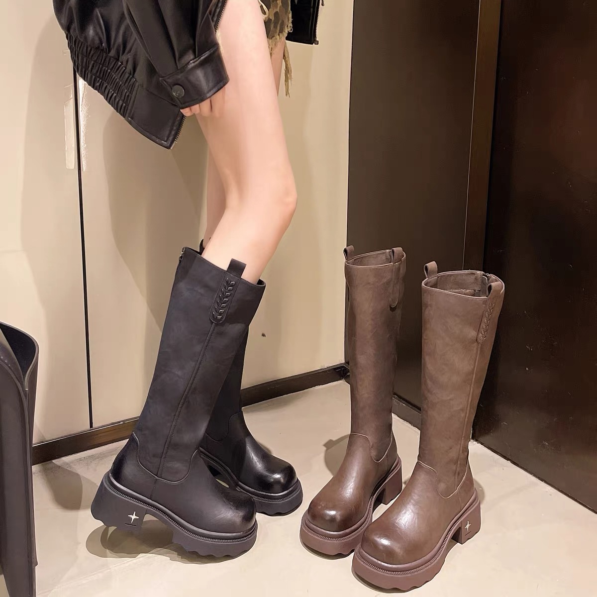 厚底黑色骑士靴女2025秋冬季小个子增高长筒靴百搭后拉链高跟靴子