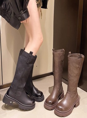 厚底黑色骑士靴女2025秋冬季小个子增高长筒靴百搭后拉链高跟靴子