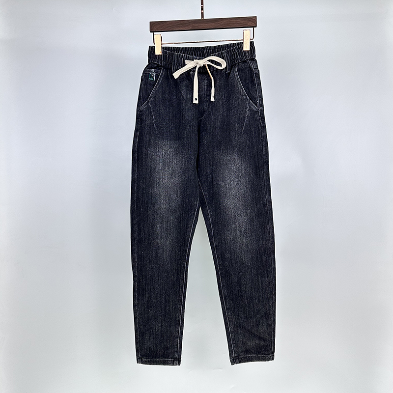 秋冬新款抽绳黑灰色弹力厚款中腰小直筒潮流松紧腰小脚牛仔裤男