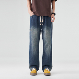 子 腿老爹大直筒蓝色宽脚系绳牛仔裤 新款 松紧腰宽松洗水做旧大阔裤