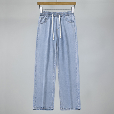 夏季薄款天丝莱塞尔料垂感凉爽宽松直筒阔腿裤抽绳休闲牛仔裤子男