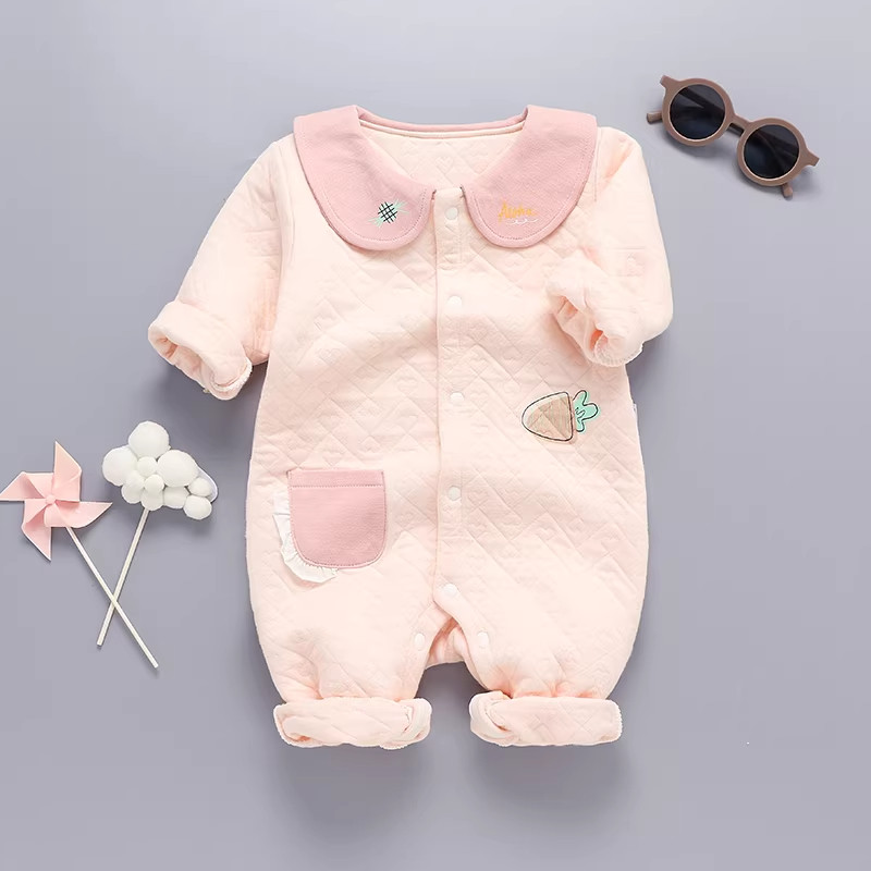 婴儿保暖连体衣加棉纯棉01岁宝宝秋冬薄棉哈衣新生儿睡衣爬服闭档