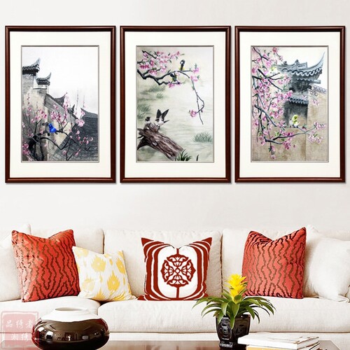 湘绣 房屋 花卉 小鸟屋外景色三连画挂件客厅画壁画纯手工刺绣