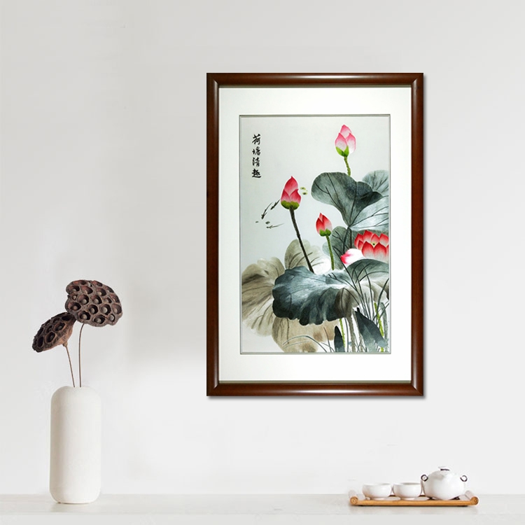 湘绣 荷塘清趣 荷花 游鱼 纯手工刺绣领导送礼精品单面绣挂件成品