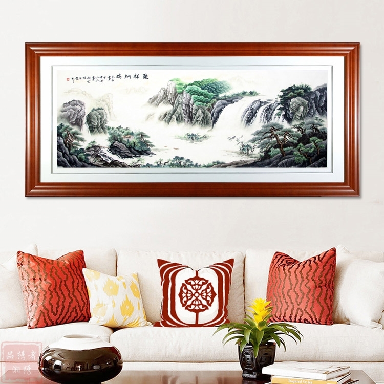 湘绣 聚祥纳瑞 山水风景画手工刺绣办公室古典领导送礼别墅装饰品