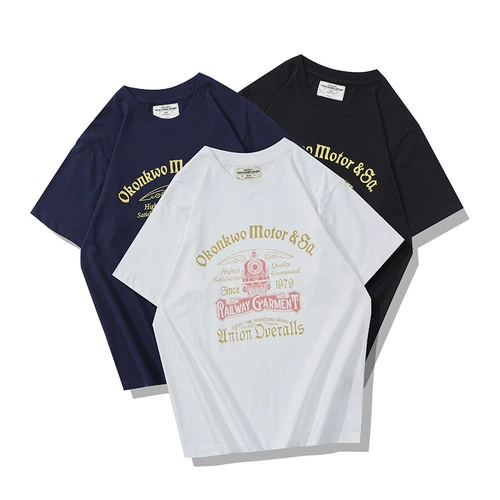 Ретро классическая футболка с коротким рукавом, поезд, рубашка с круглым воротником, в американском стиле, 200G