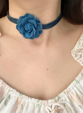 ins蓝色牛仔山茶花颈链choker法式气质项链脖链夏季出游锁骨链女