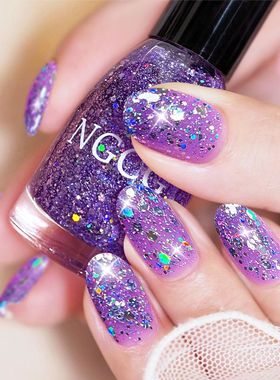 梦露精品紫色爆闪亮片指甲油免烤持久速干微胶2025新款显白美甲装