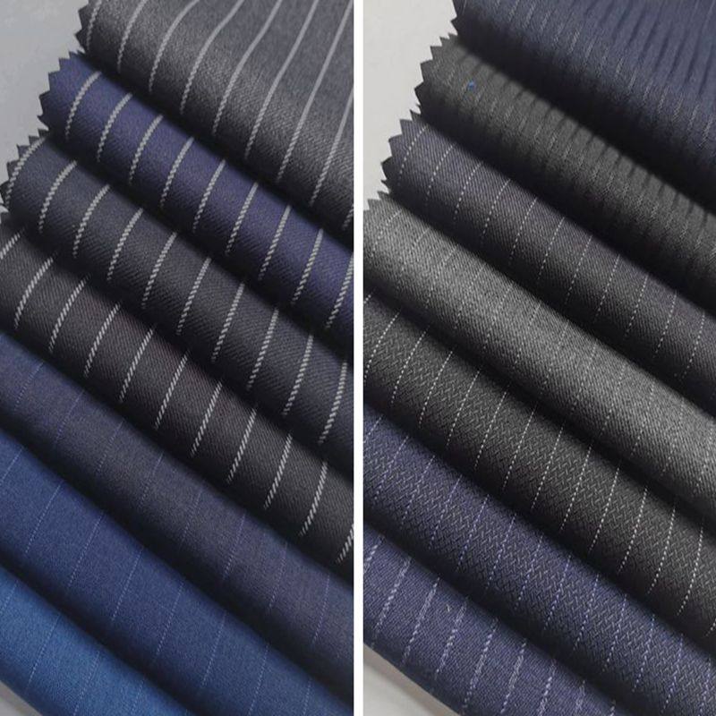 免烫深蓝灰色黑色条纹服装面料春秋西服裤子套裙职业装工装布料
