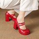 百搭单鞋 红色玛丽珍鞋 女双扣带水钻厚底高跟鞋 粗跟舞台走秀表演大