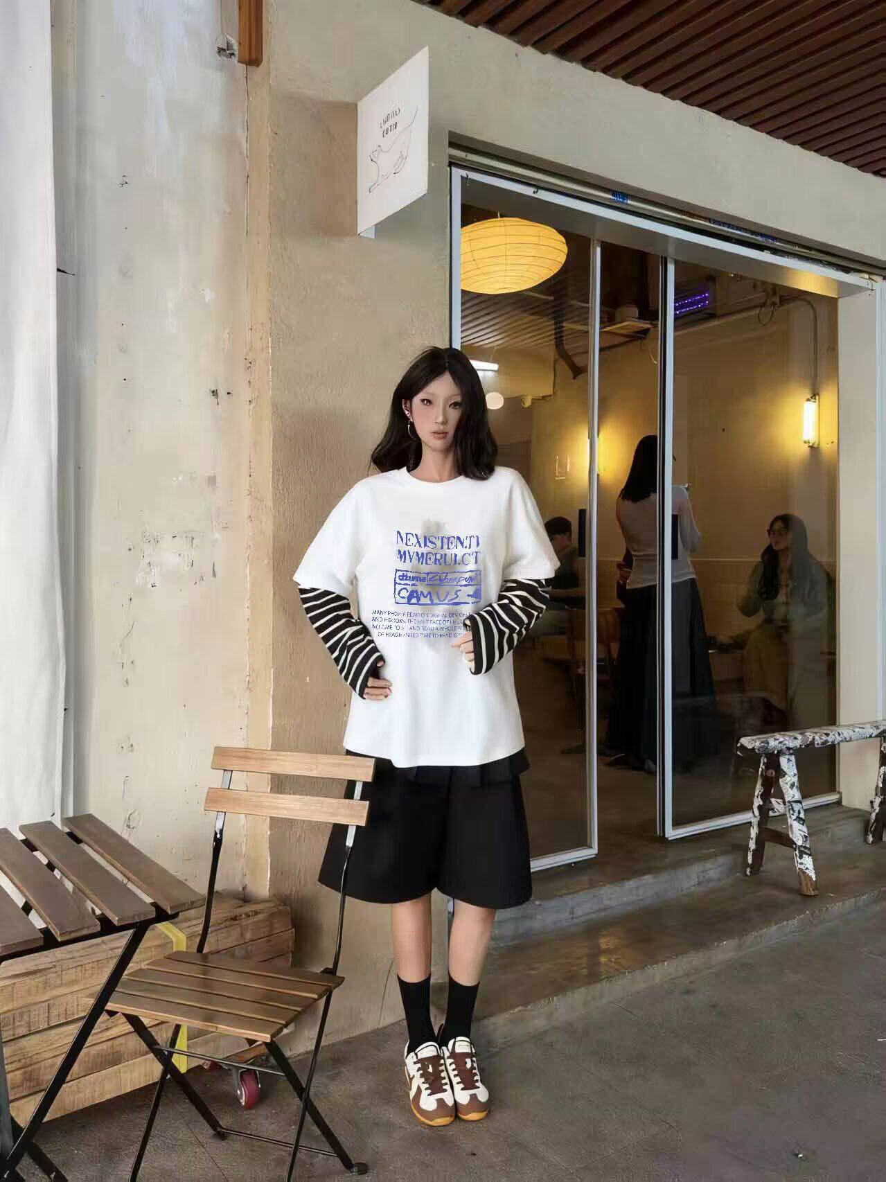孤品清仓不退换！Badass Babe渐变拼接黑白条慵懒假两件卫衣T恤