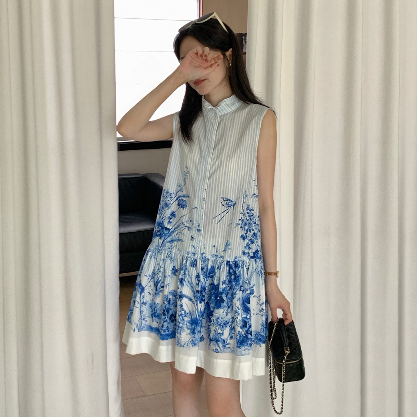 DPH NICE花卉印花条纹立领衬衫连衣裙女夏季无袖暗扣高级感短裙子